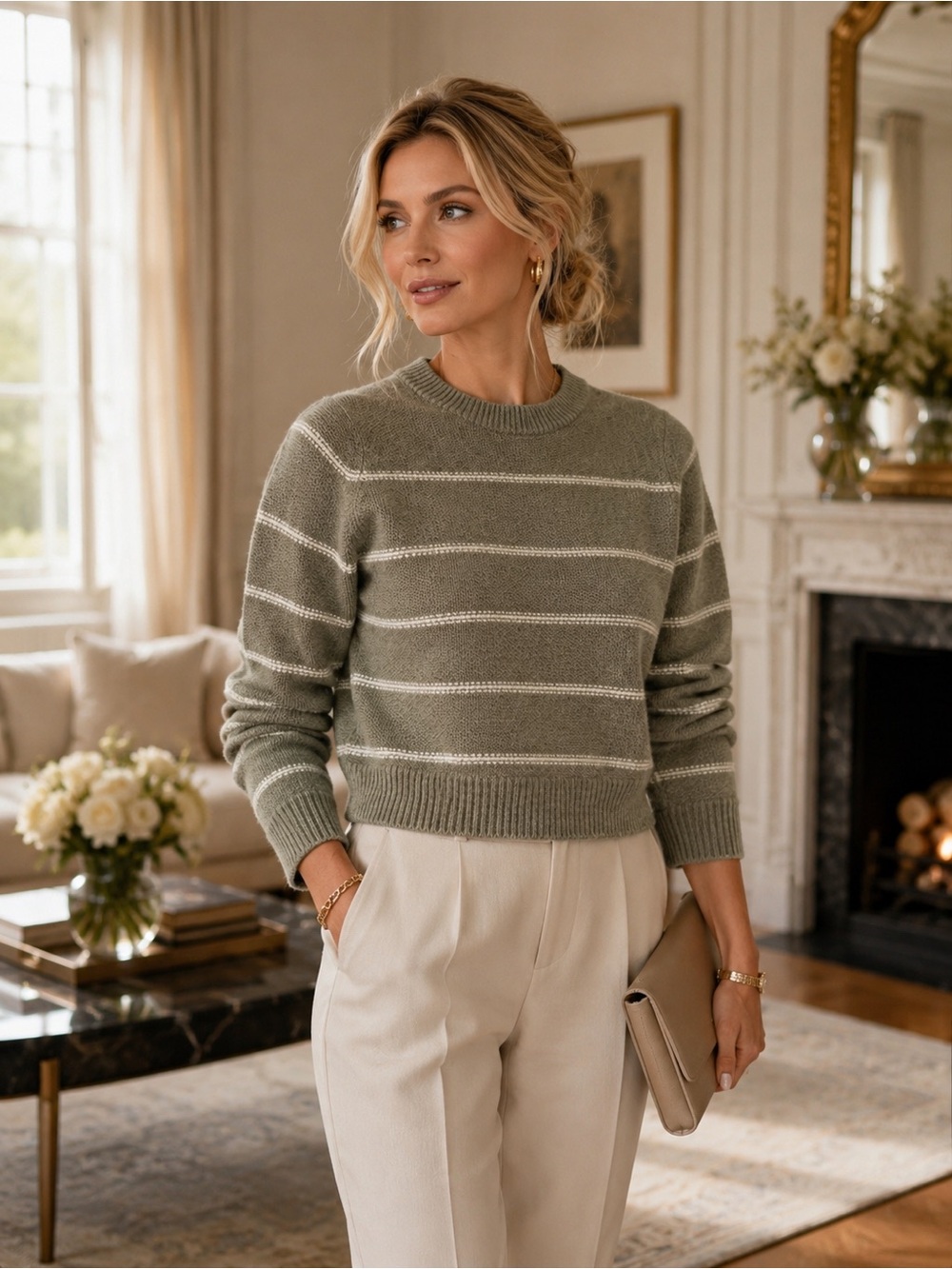 New White + Warren Striped Cashmere  Sweater in Olive